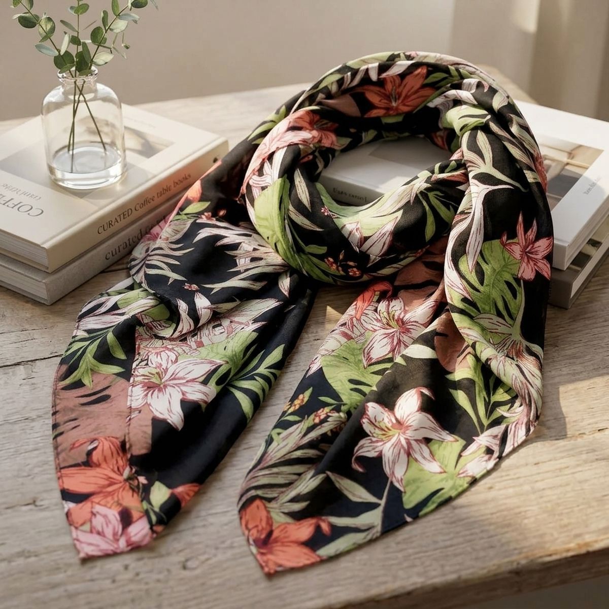 Black tropical floral scarf loosely looped on a wooden table beside stacked books and a glass vase of leafy stems