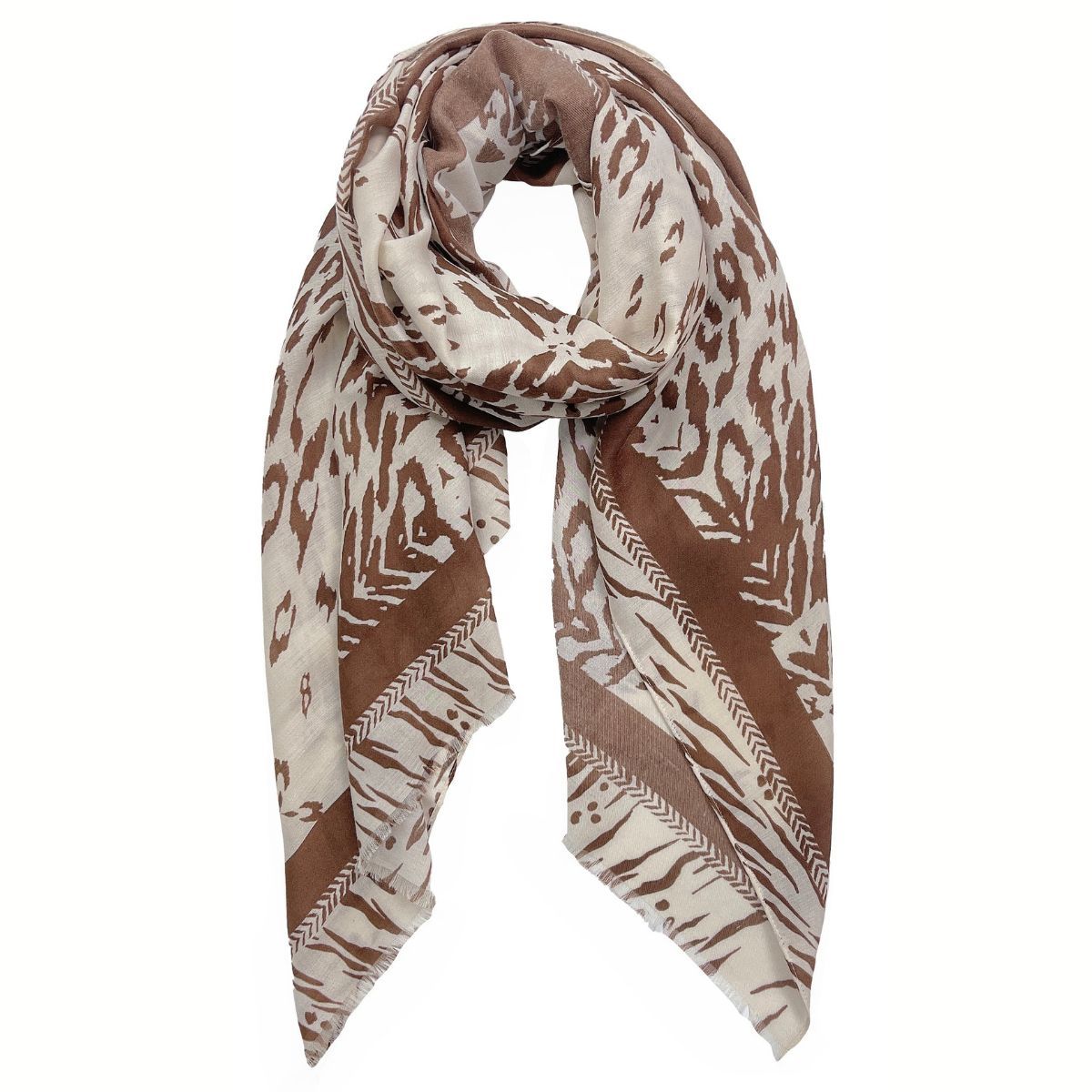 Brown-and-beige animal print scarf loosely looped on a white background, showing mixed spotted and striped motifs, brown borders, and fine chevron accents