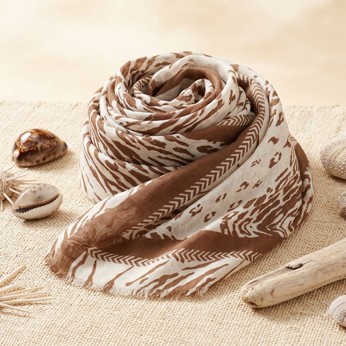 Brown-and-beige animal print scarf coiled on a textured cream surface beside seashells and driftwood, with its short frayed edge visible