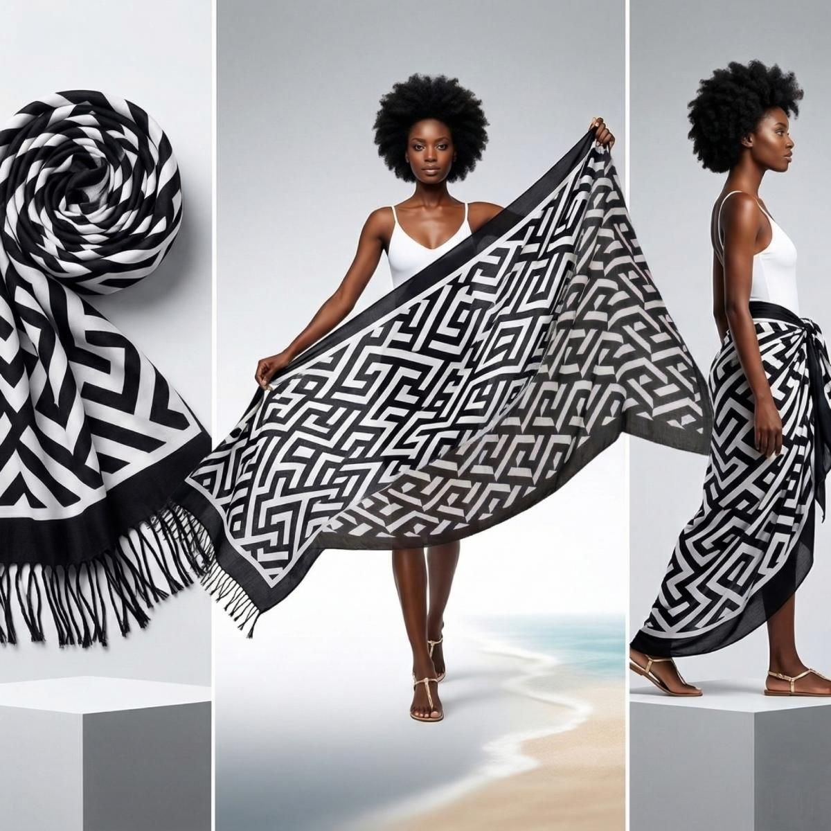 Three-panel collage showing a black-and-white geometric scarf rolled with fringe visible, held open by a model, and tied around the waist as a sarong
