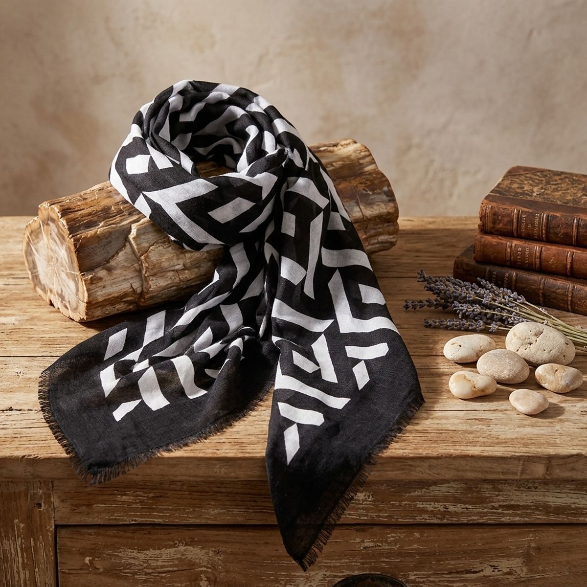 Black-and-white geometric scarf looped over a log on a rustic wooden table beside stacked books, dried stems, and pale stones