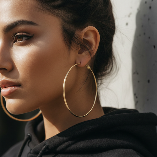 Large Thin Gold Hoops - Close-Up Model Ear