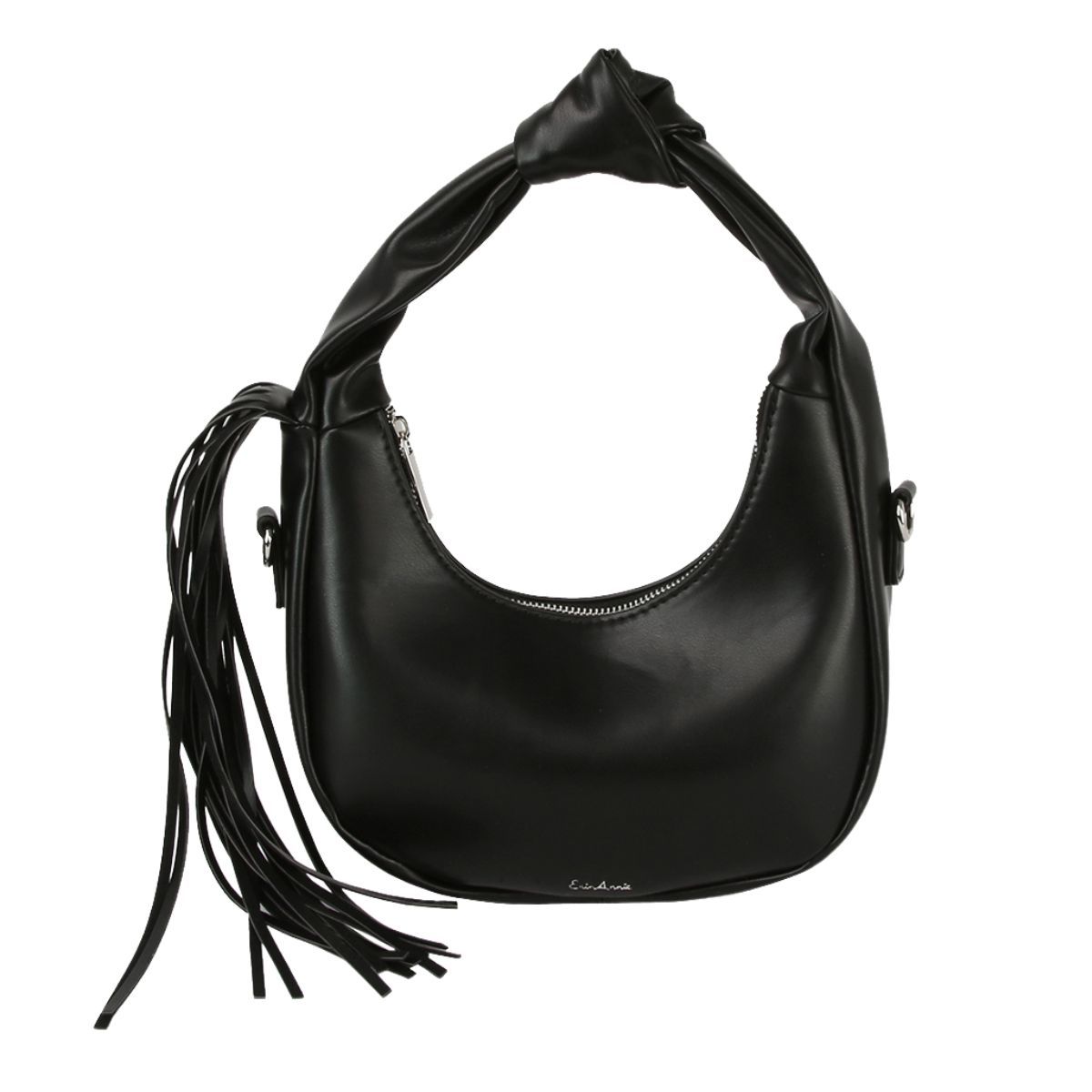 Front view of a black rounded faux-leather shoulder bag with a knotted handle, curved silver-tone zipper and long fringe hanging from one side, on a white background