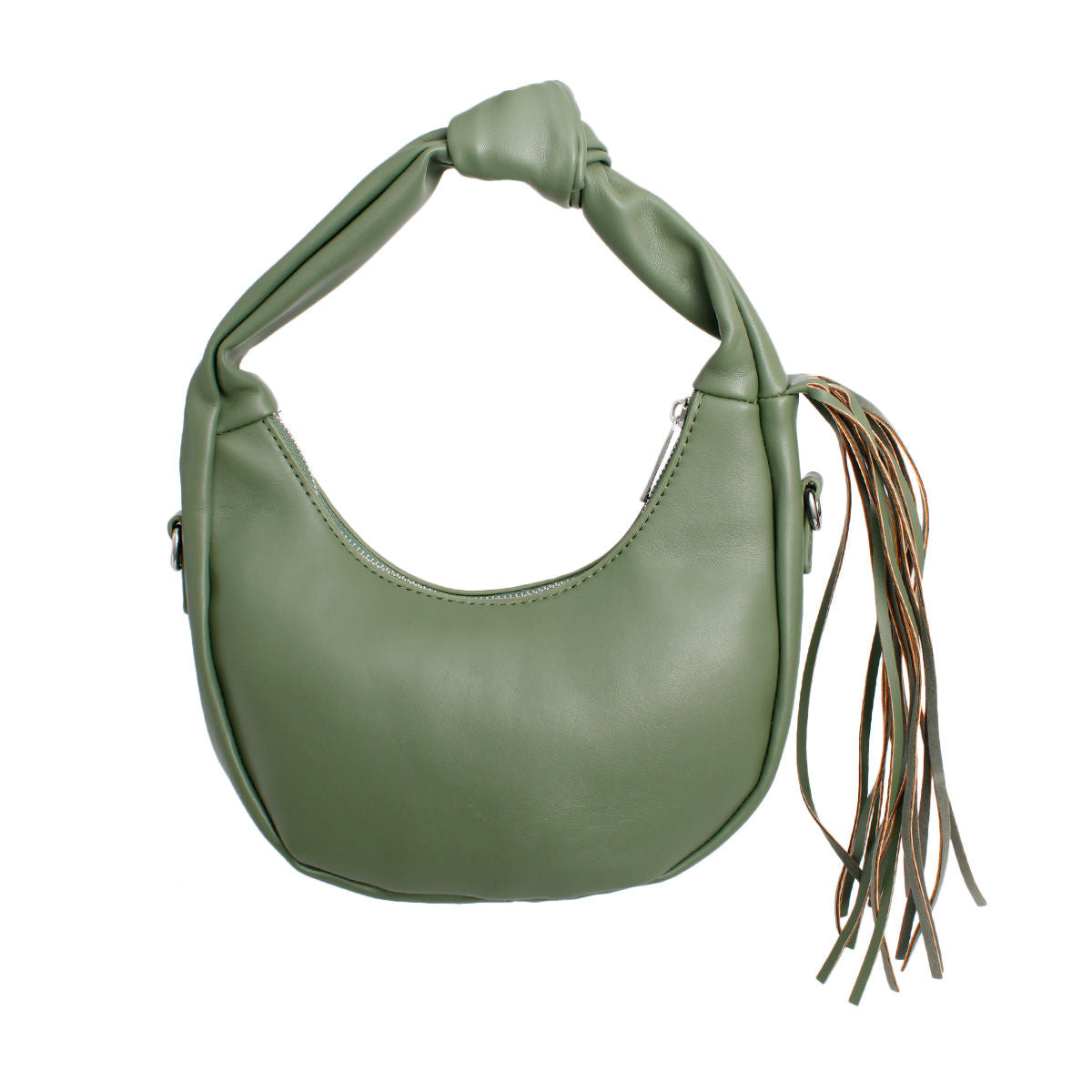 Sage green crescent handbag viewed from the back, with a knotted handle, long fringe on the right, and silver-tone zipper against a white background