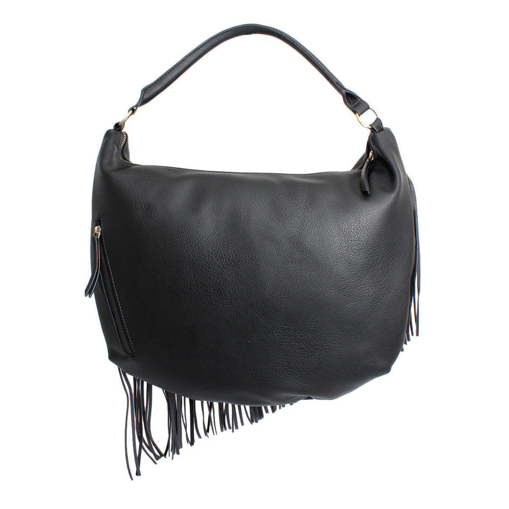 Black faux-leather hobo bag viewed from above with its main zipper open, showing the dark interior, shoulder strap and fringe below