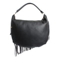 Black faux-leather hobo bag viewed from above with its main zipper open, showing the dark interior, shoulder strap and fringe below