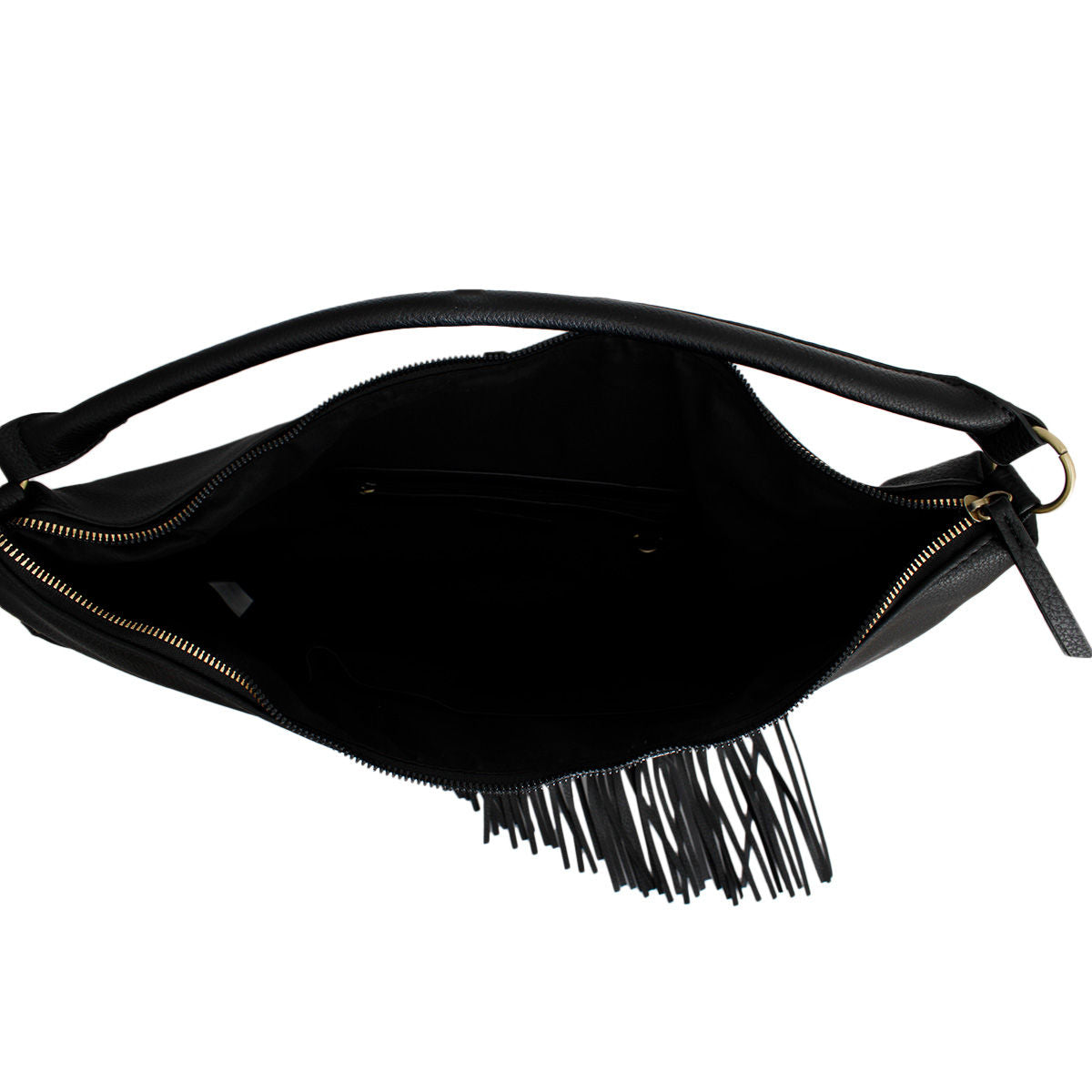 Reverse view of a black faux-leather hobo shoulder bag with a short shoulder strap, side zipper detail and long fringe along the bottom