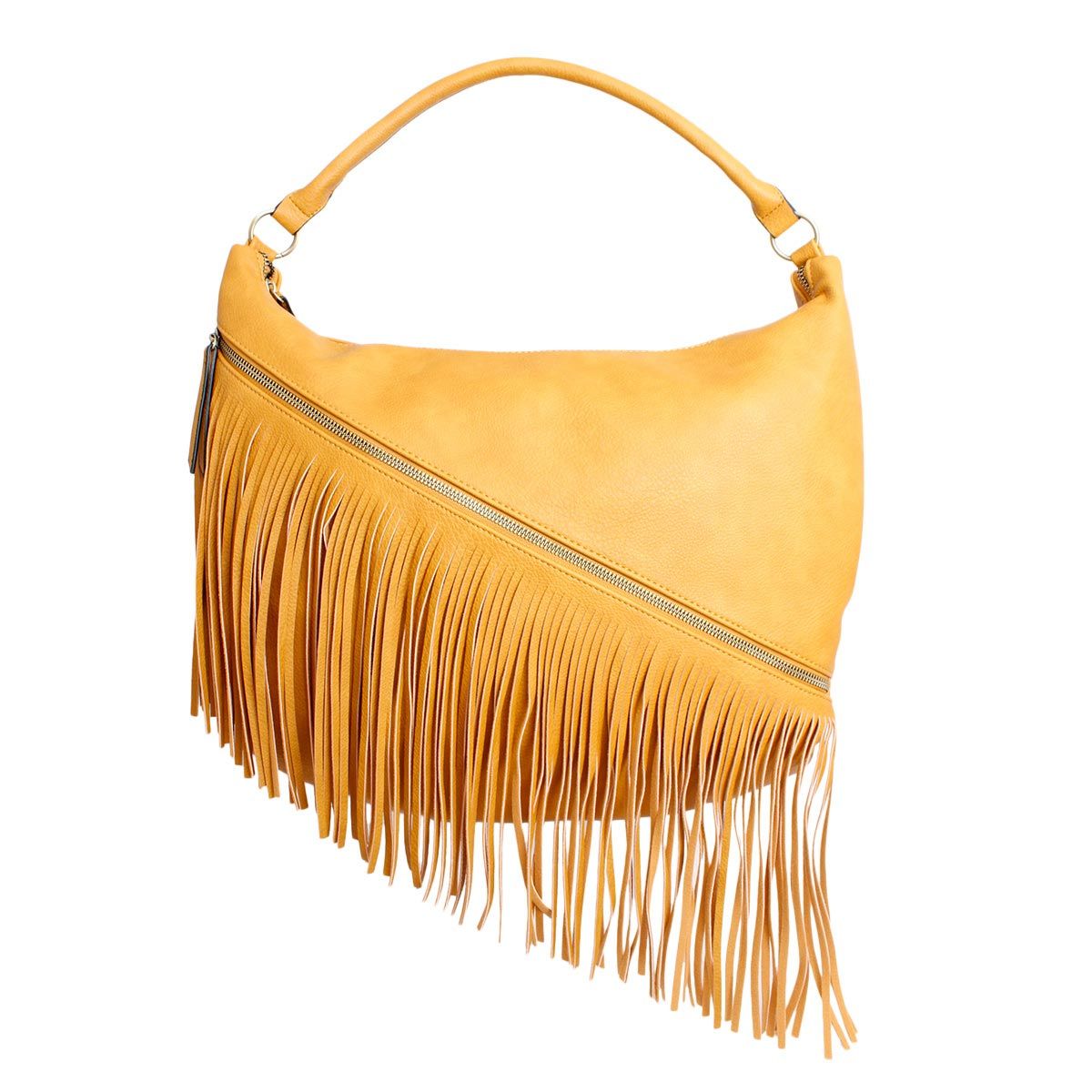 Front view of a mustard yellow faux leather hobo bag with a diagonal zipper compartment and long fringe beneath it