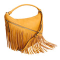 Mustard yellow fringe hobo bag with an adjustable crossbody strap draped across the front and a diagonal zipper compartment