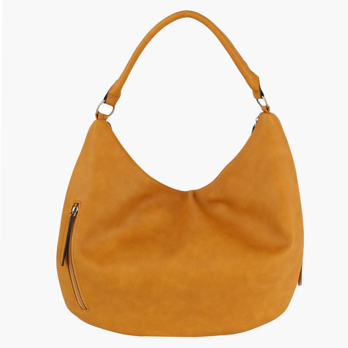 Mustard yellow hobo bag shown with a slouched shape, short shoulder strap, and small back zipper pocket against a white background