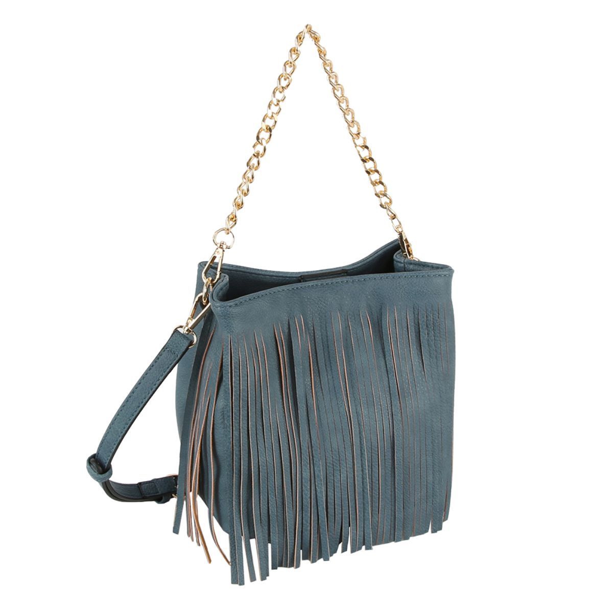 Angled view of a denim-blue faux leather fringe bag with a gold-tone chain handle and matching long strap against a white background