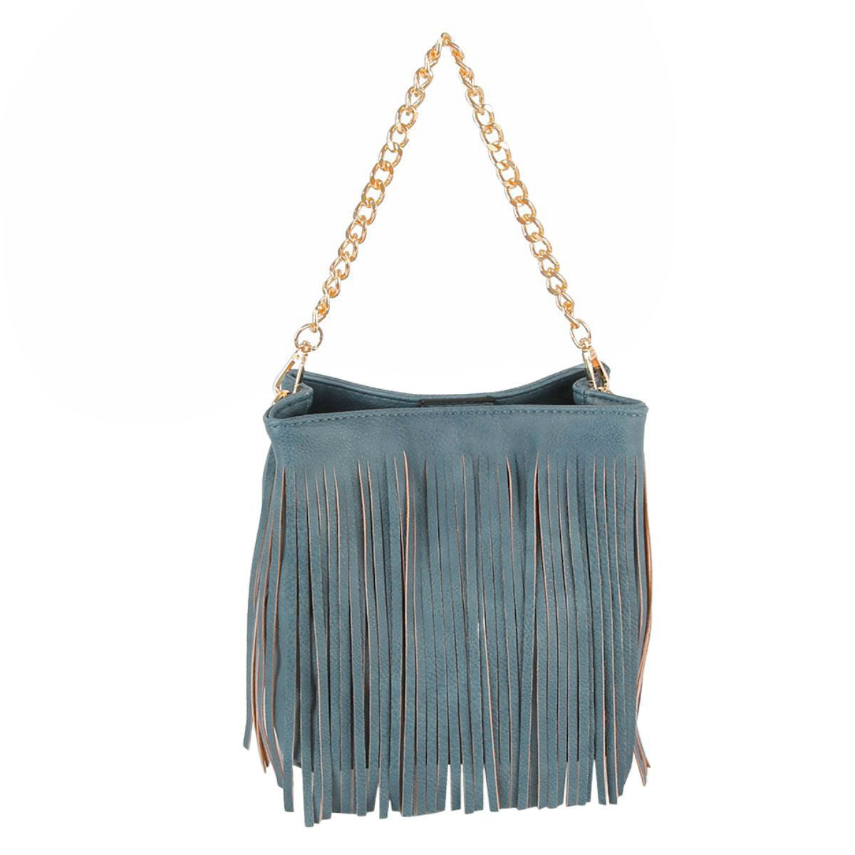 Front view of a denim-blue faux leather handbag with long fringe and a gold-tone chain handle against a white background