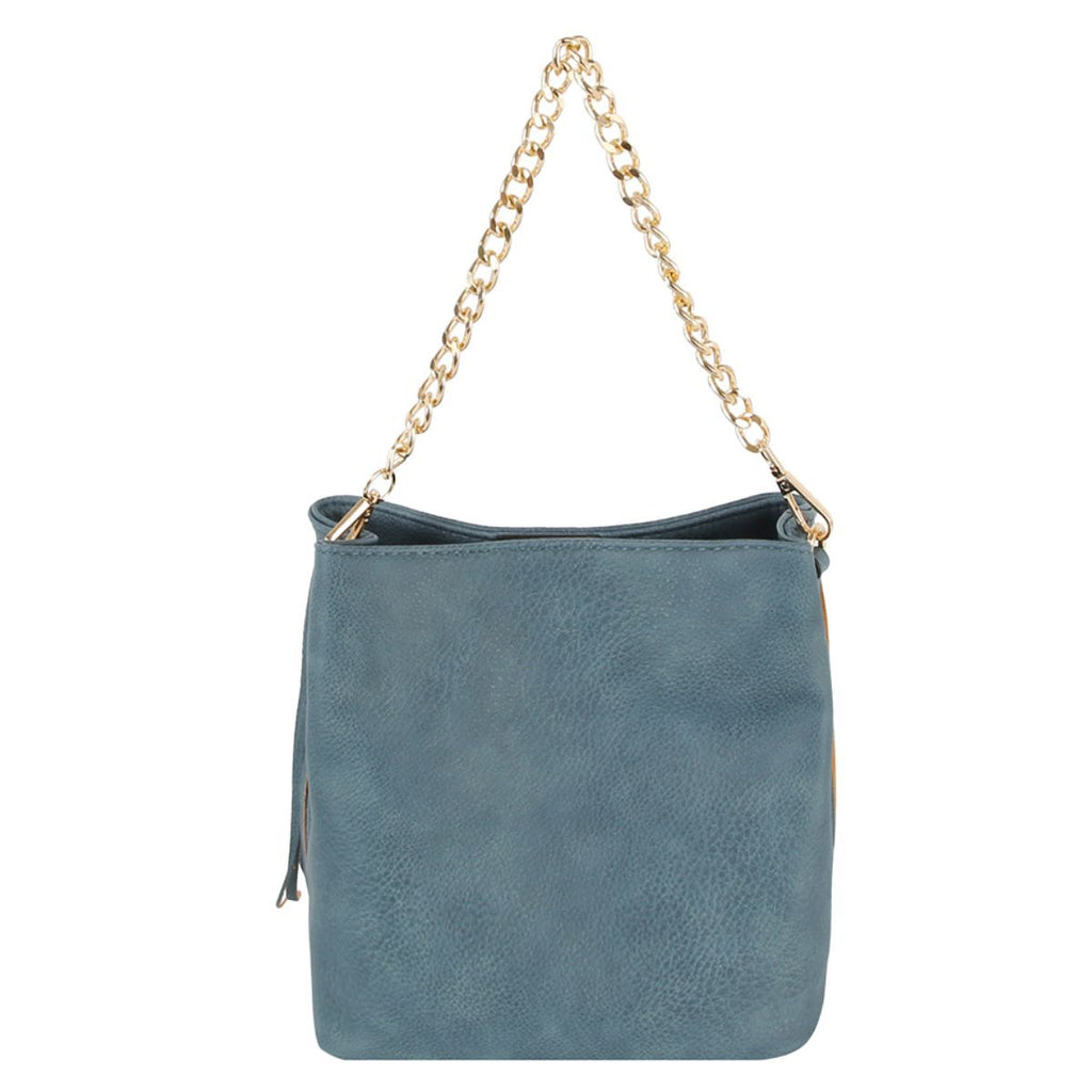 Back view of a denim-blue handbag showing its plain grain-textured panel and gold-tone chain handle against a white background