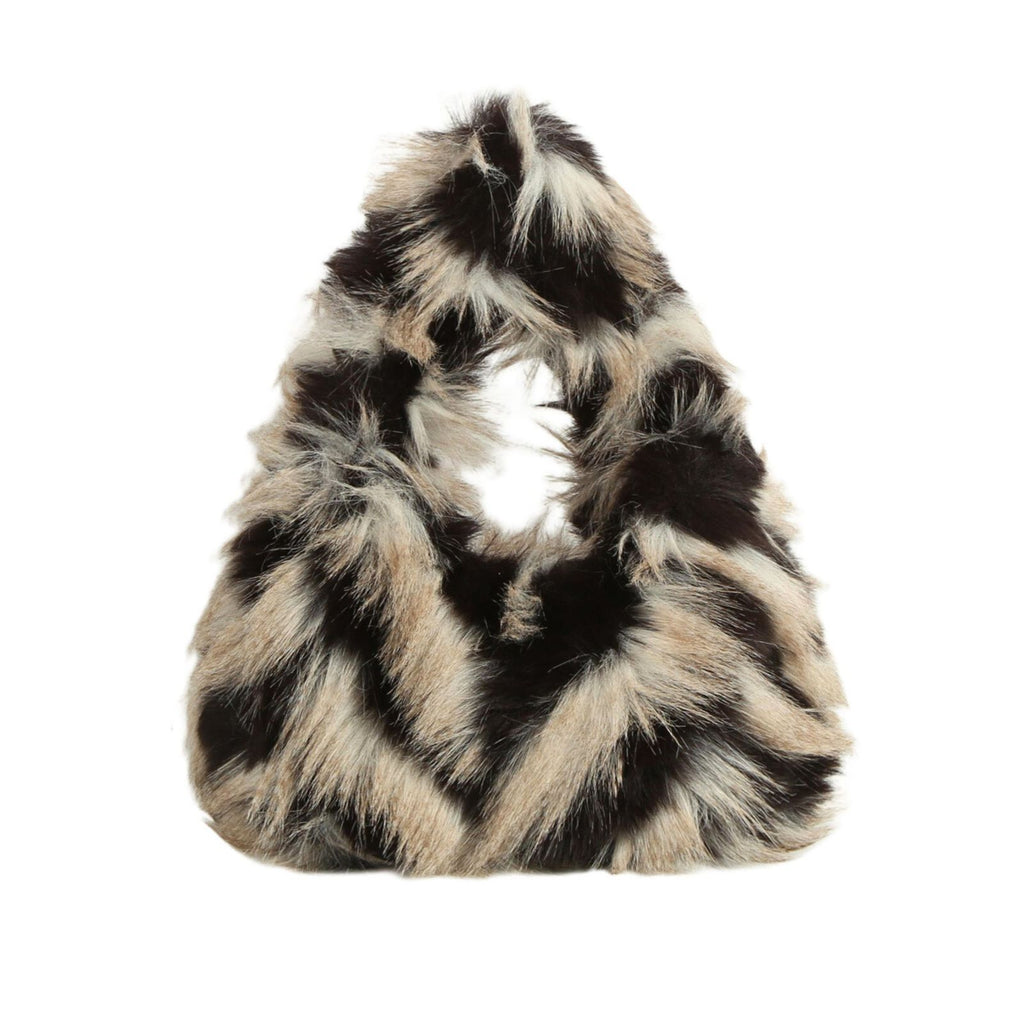 Front view of the cream-and-black striped faux-fur bag with a loop handle, on a white background