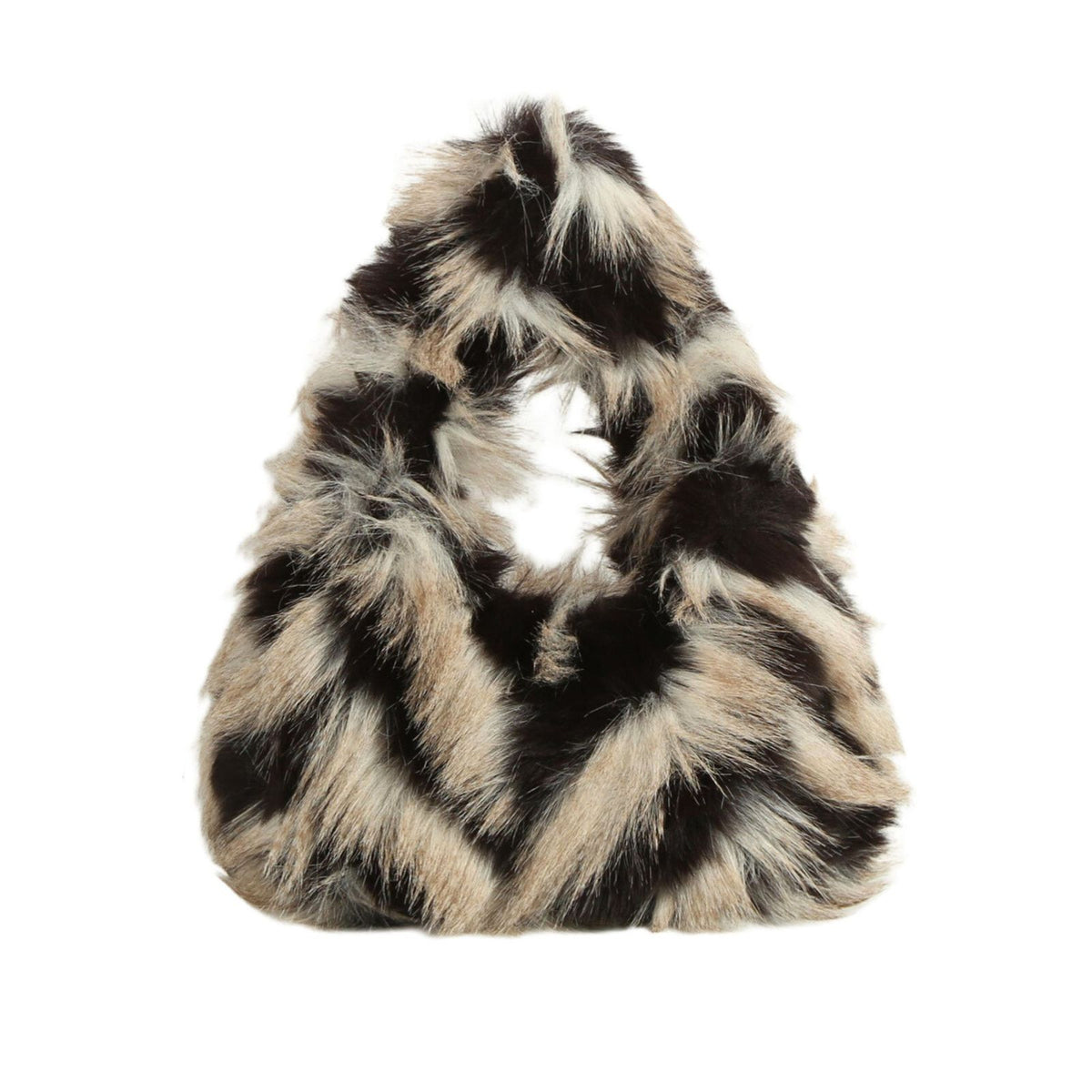 Front view of the cream-and-black striped faux-fur bag with a loop handle, on a white background