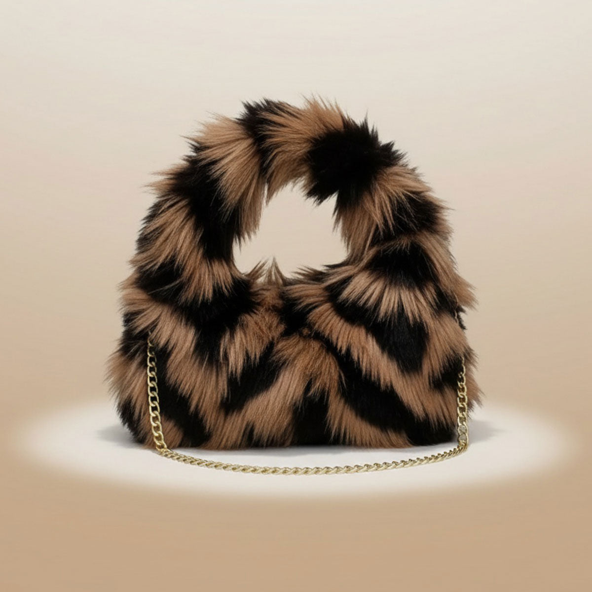Brown-and-black striped shaggy faux-fur shoulder bag with a loop handle and gold-tone chain laid in front, against a beige background