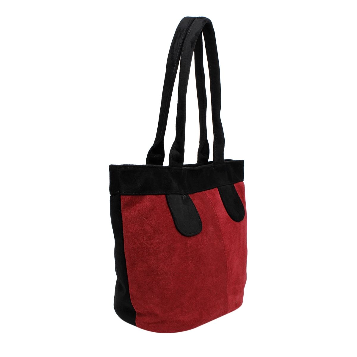 Angled view of a burgundy-and-black faux-suede tote showing the burgundy front, black side and long black handles