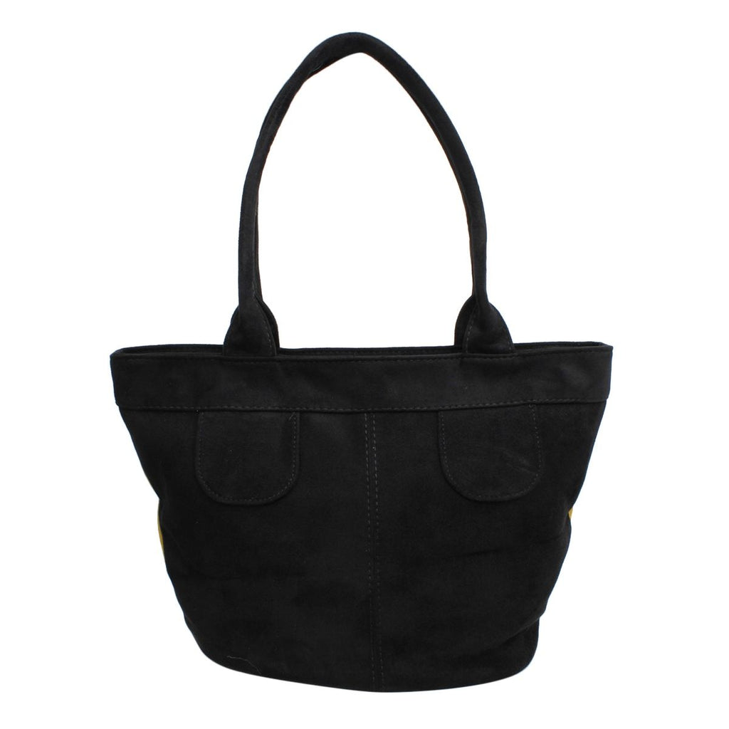 Black reverse side of the burgundy-and-black tote bag with black shoulder handles on a white background