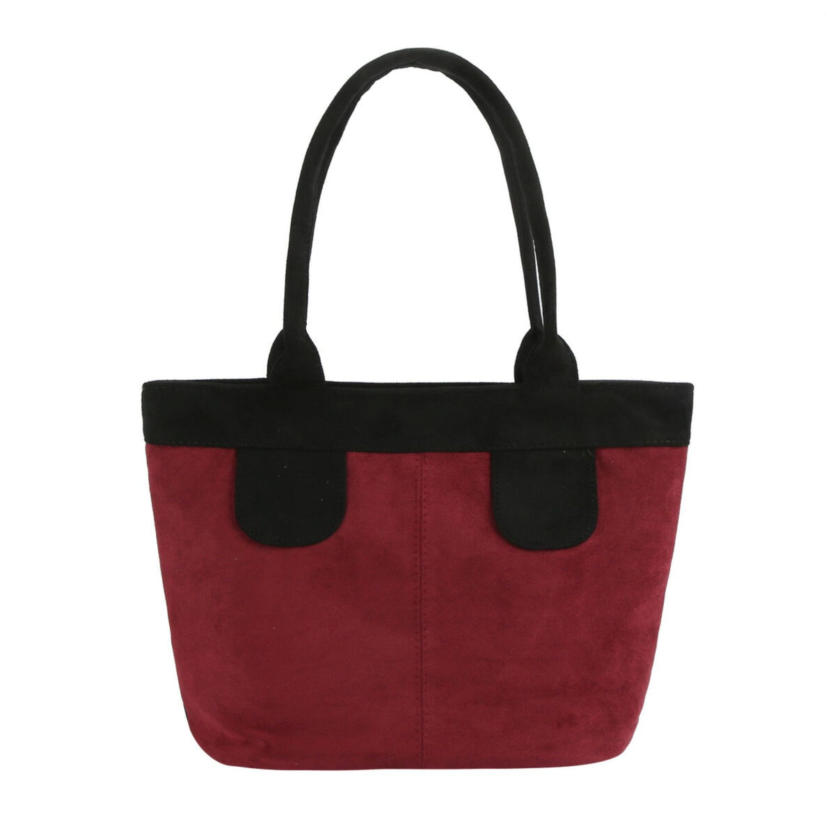 Burgundy faux-suede tote bag with black shoulder handles, black top trim and black handle tabs on a white background