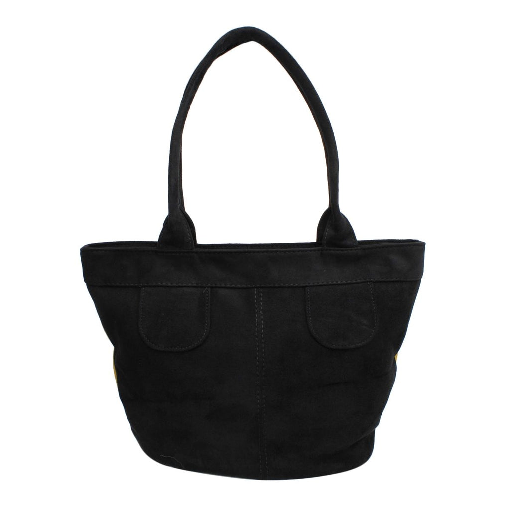 Black reverse side of the yellow-and-black tote bag with black shoulder handles on a white background