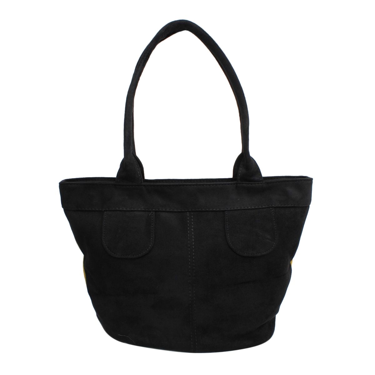 Black reverse side of the yellow-and-black tote bag with black shoulder handles on a white background