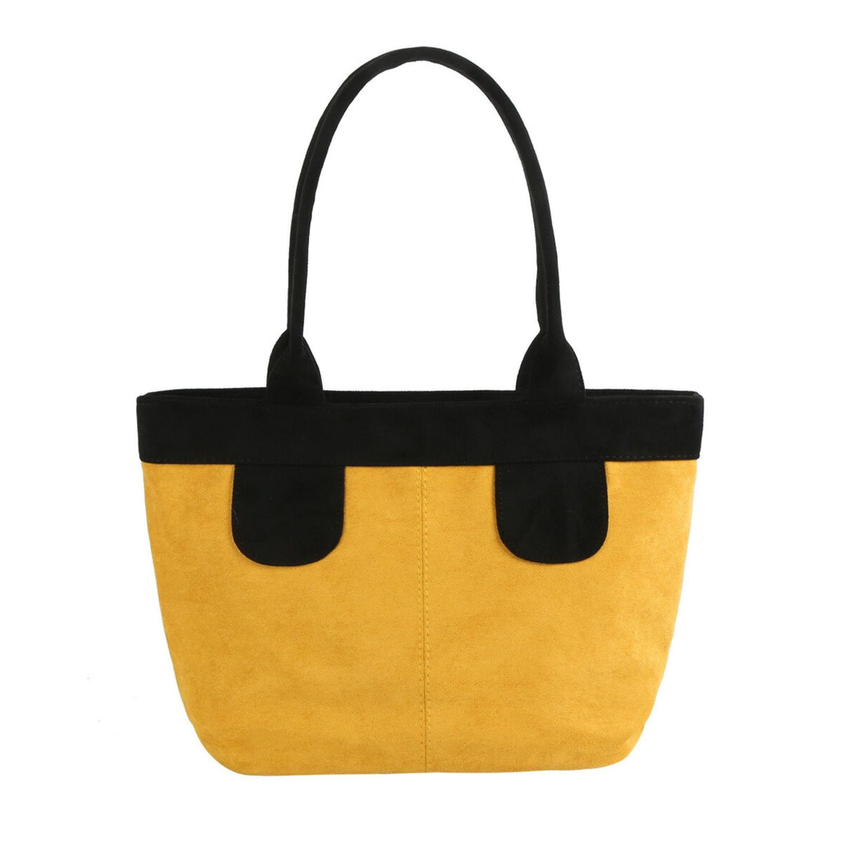 Yellow front of a faux-suede tote bag with black shoulder handles, black top trim and black handle tabs on a white background