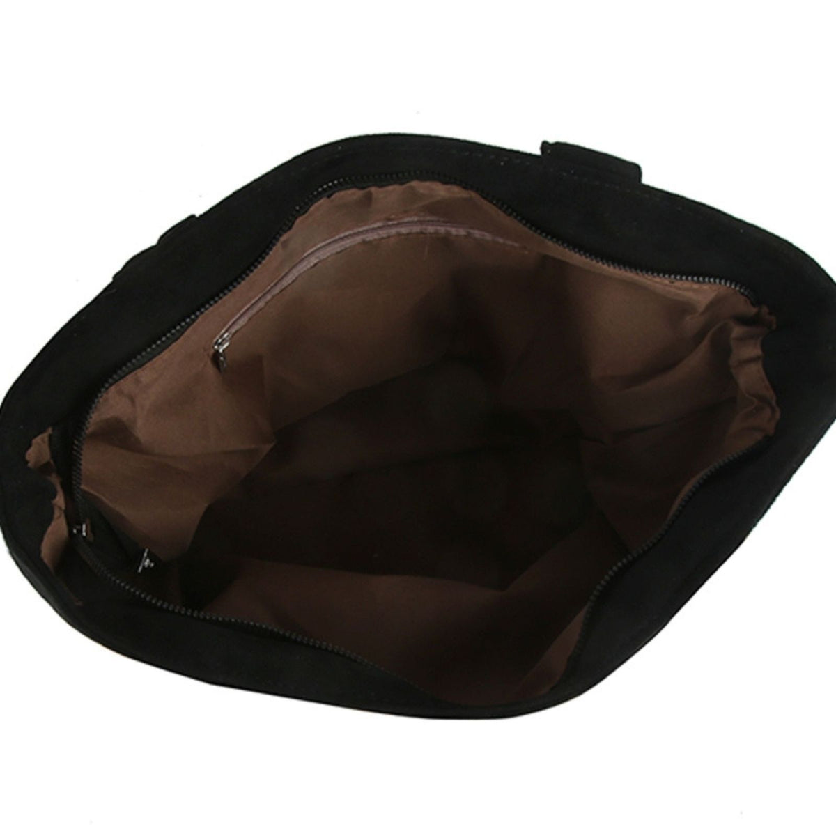 View inside the open yellow-and-black tote showing its brown lining and interior zipper pocket