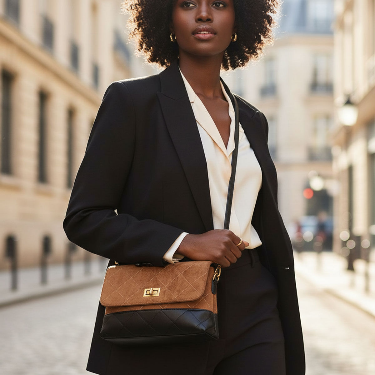 Model carrying the brown and black quilted top handle bag on her shoulder via its black crossbody strap, paired with a black blazer and cream blouse on a city street