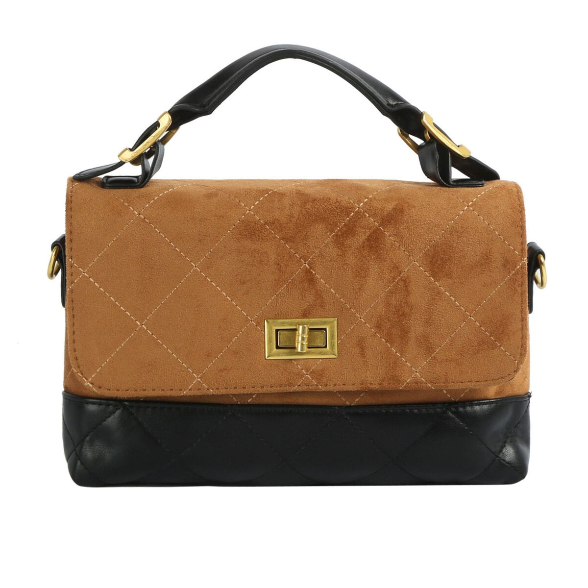 Front view of the brown diamond-quilted faux suede flap bag with a black quilted faux leather base, gold twist lock closure, and black top handle with gold buckle hardware