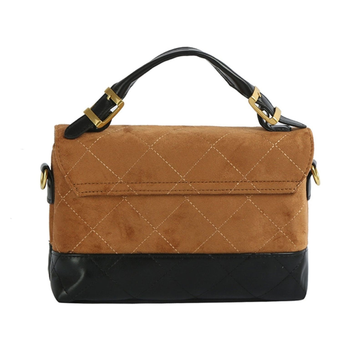 Back view of the brown quilted flap bag with black quilted base, showing the black top handle, gold buckle hardware, and side strap ring