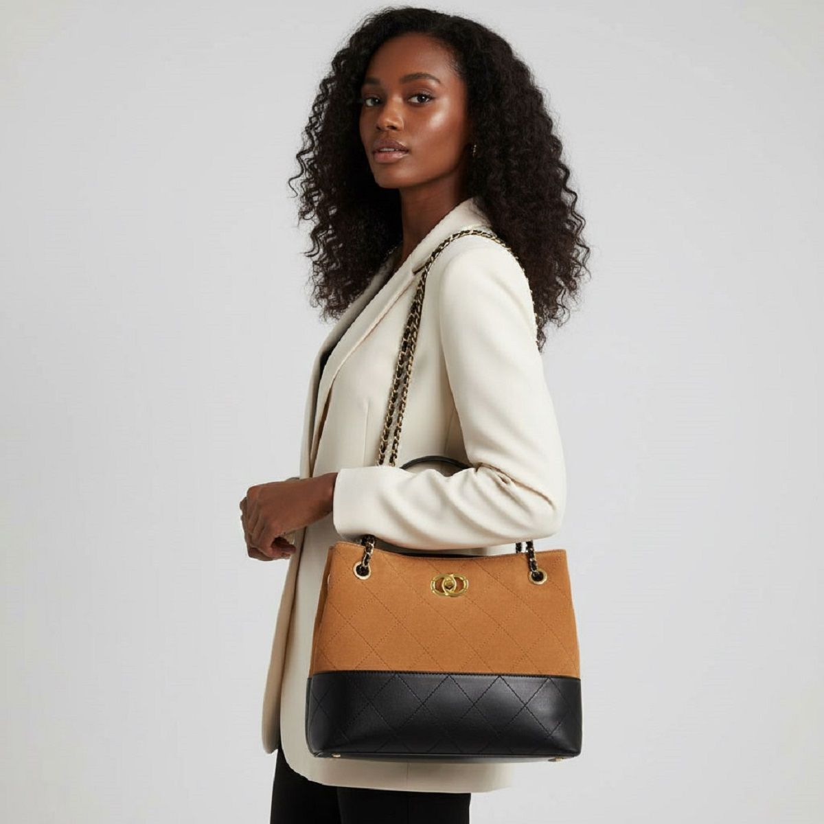 Shoulder Bag Brown Suede and Black Two Tone Purse