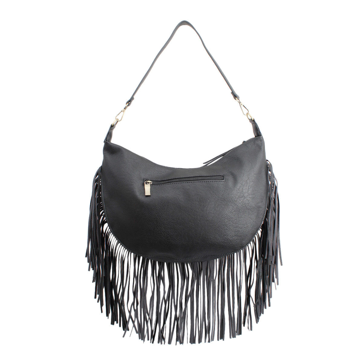 Reverse view of a black faux-leather fringe hobo bag showing its horizontal exterior zipper pocket and long bottom fringe on a white background