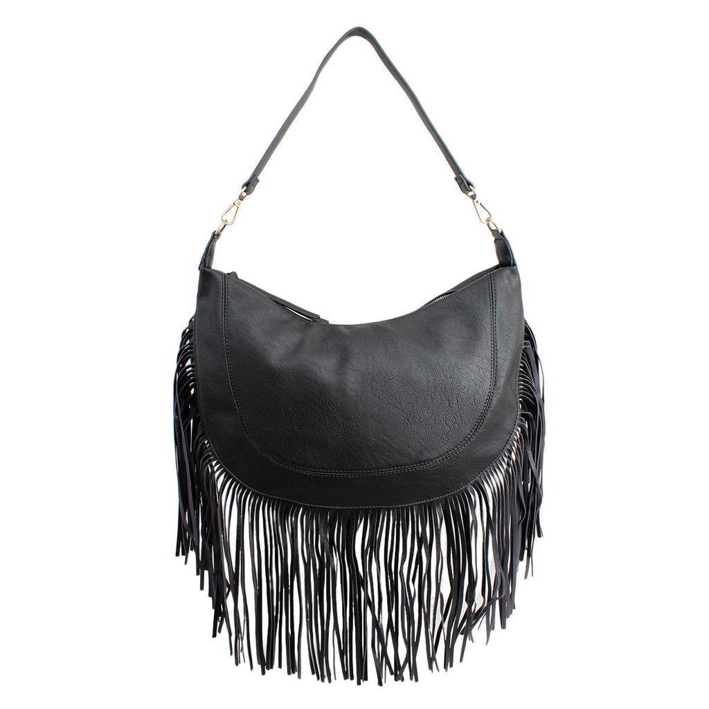 Black rounded faux-leather hobo bag with a curved stitched panel, long fringe along the bottom and sides, and a shoulder strap on a white background