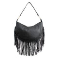 Black rounded faux-leather hobo bag with a curved stitched panel, long fringe along the bottom and sides, and a shoulder strap on a white background