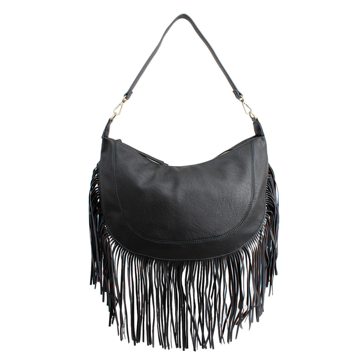 Black rounded faux-leather hobo bag with a curved stitched panel, long fringe along the bottom and sides, and a shoulder strap on a white background