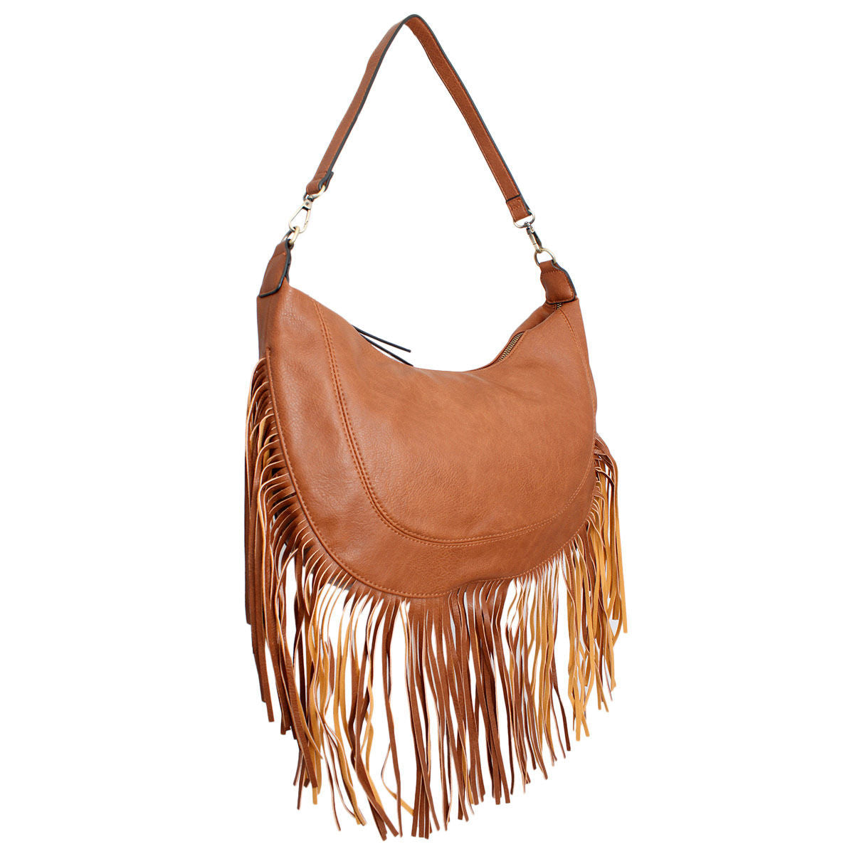 Angled view of a brown faux leather hobo bag with curved stitching, long fringe, and a detachable shoulder strap against a white background
