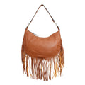 Front view of a brown rounded hobo bag with curved stitched detailing, long fringe, and a shoulder strap against a white background