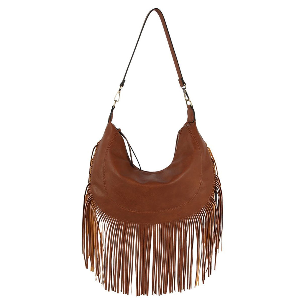Front view of a brown rounded hobo bag with curved stitched detailing, long fringe, and a shoulder strap against a white background