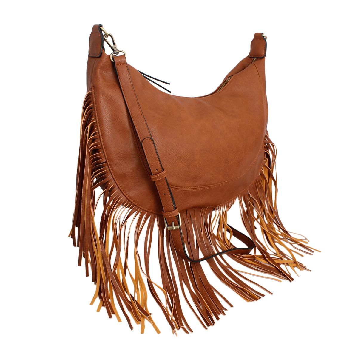Brown faux leather fringe bag with an adjustable crossbody strap draped across the front, showing its buckle and metal clasps