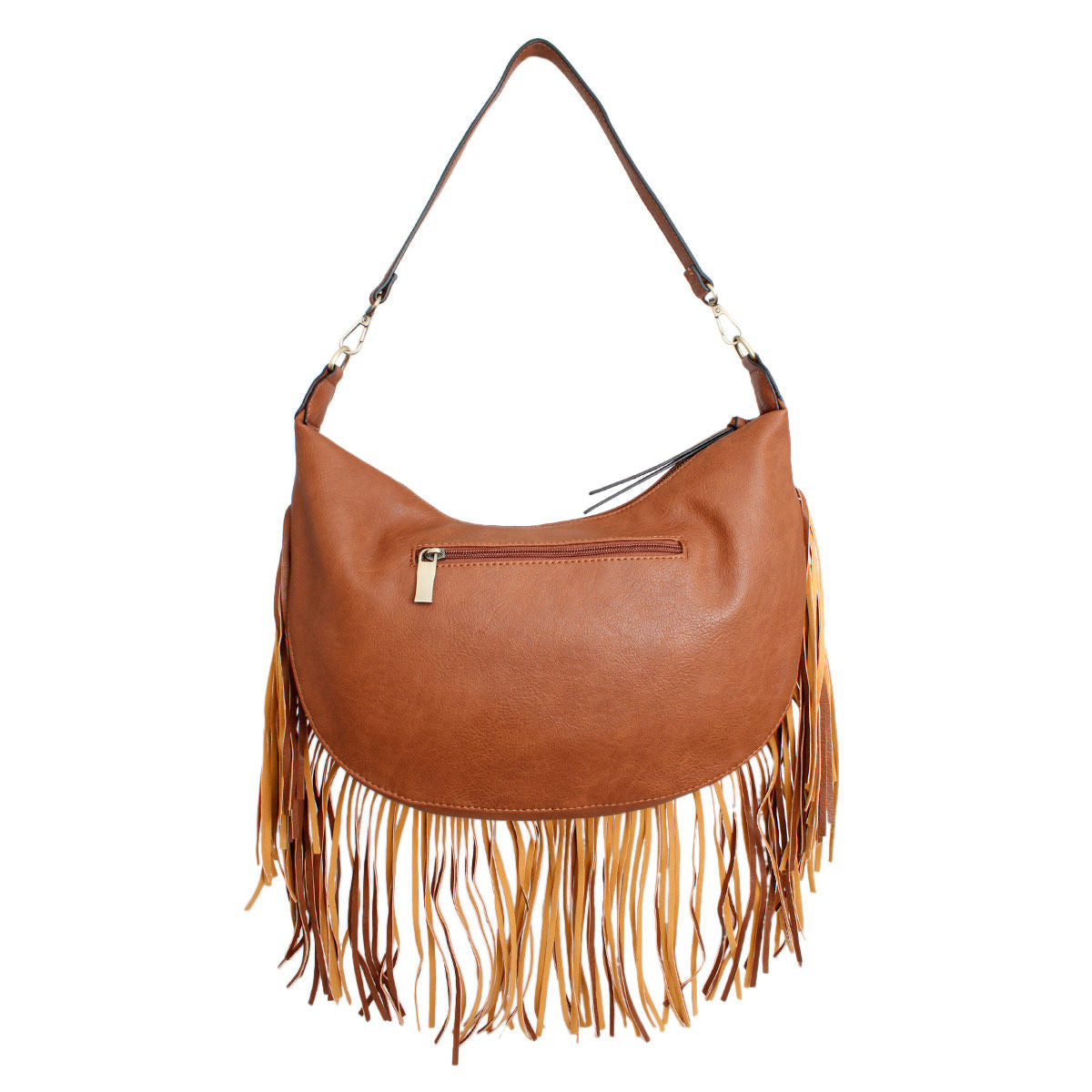 Back view of a brown fringe hobo bag showing an exterior zipper pocket and detachable shoulder strap against a white background