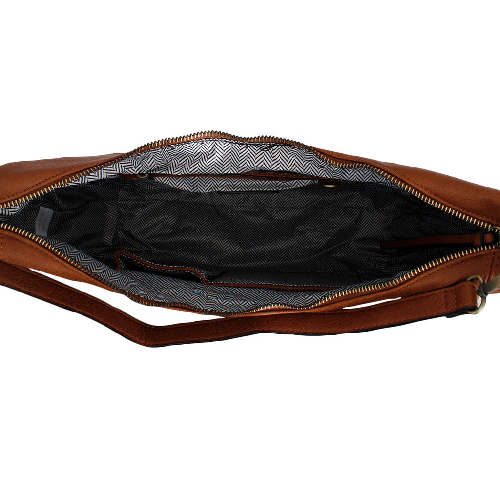 Open brown handbag showing black-and-white herringbone lining, interior pockets, and the main zipper opening
