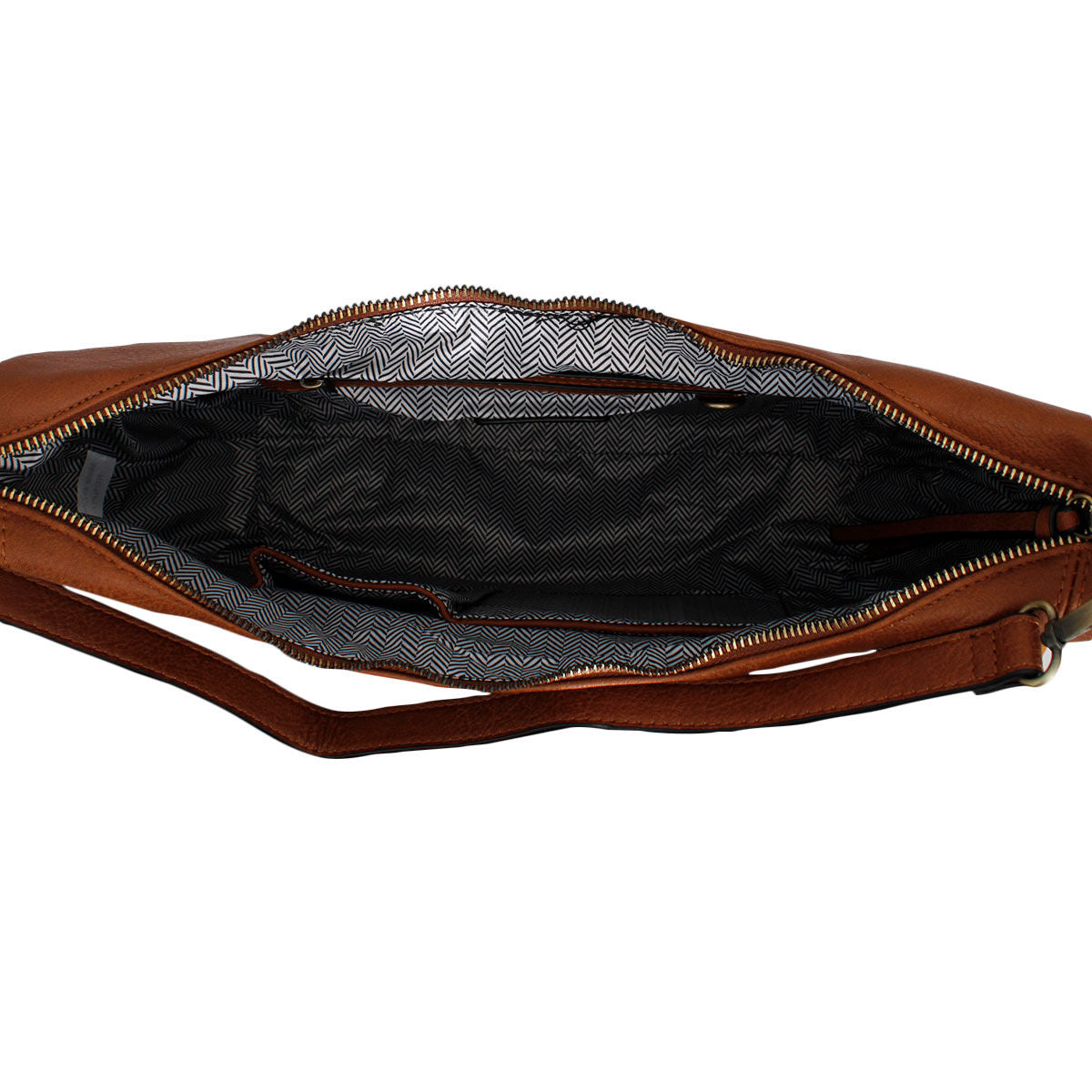 Open brown handbag showing black-and-white herringbone lining, interior pockets, and the main zipper opening