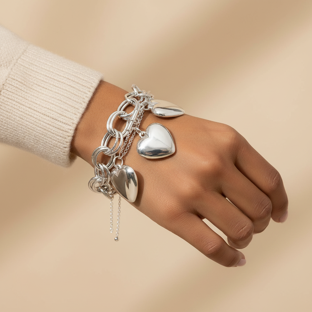 Women's chunky silver puffy heart charm toggle bracelet worn on a real woman's wrist over a cream knit sweater sleeve, stacked with a delicate silver chain bracelet, warm beige background