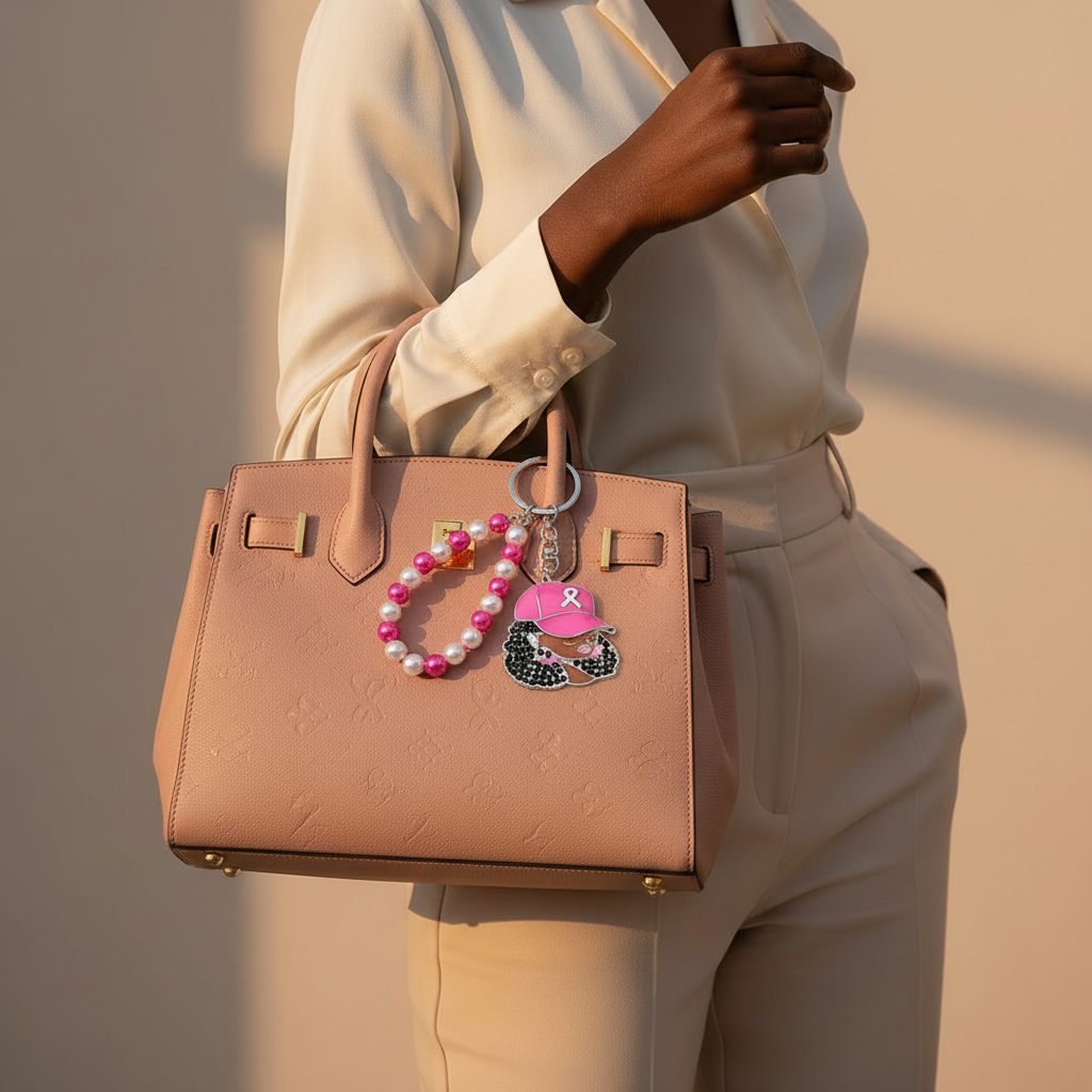 Close-up of blush pink embossed structured handbag with gold hardware held by Black woman in cream blazer, rhinestone-paved Afro woman charm with pink enamel cap and white awareness ribbon hanging from handle on hot pink and white pearl beaded wristlet with silver split ring, warm neutral background