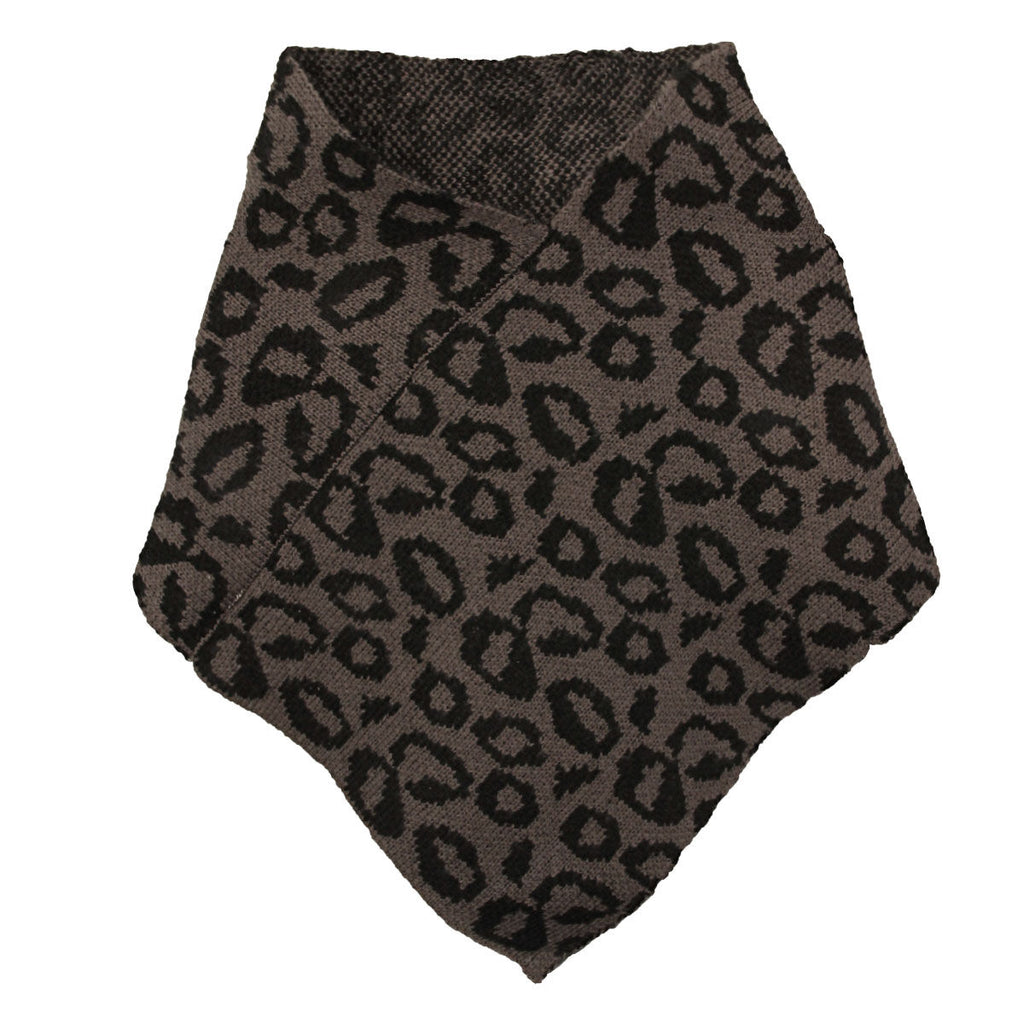 Gray knit triangle tube scarf displayed on a white background, showing oversized black leopard spots, an open neckline, and a pointed front