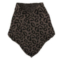 Gray knit triangle tube scarf displayed on a white background, showing oversized black leopard spots, an open neckline, and a pointed front