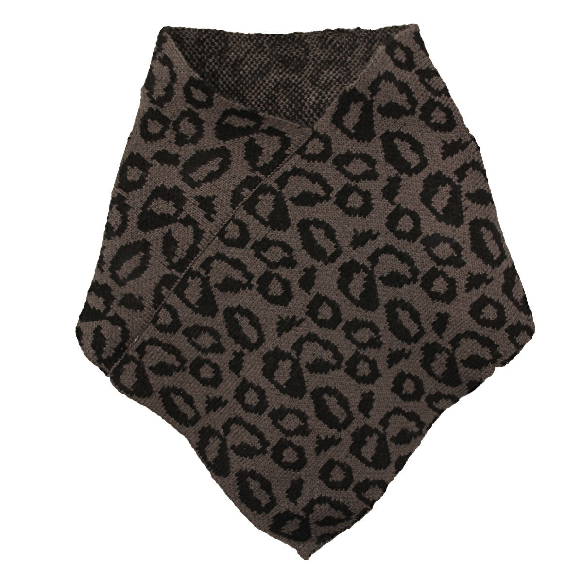 Gray knit triangle tube scarf displayed on a white background, showing oversized black leopard spots, an open neckline, and a pointed front