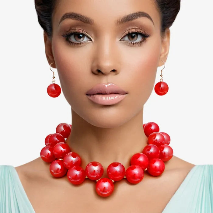 Women's Red Swirled Marble-Look Acrylic Bubble Bead Necklace & Earring Set