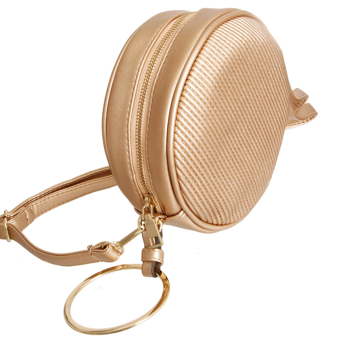 Gold vegan leather ribbed circle crossbody wristlet with gold metal circle detailing, zipper closure, and detachable matching shoulder strap