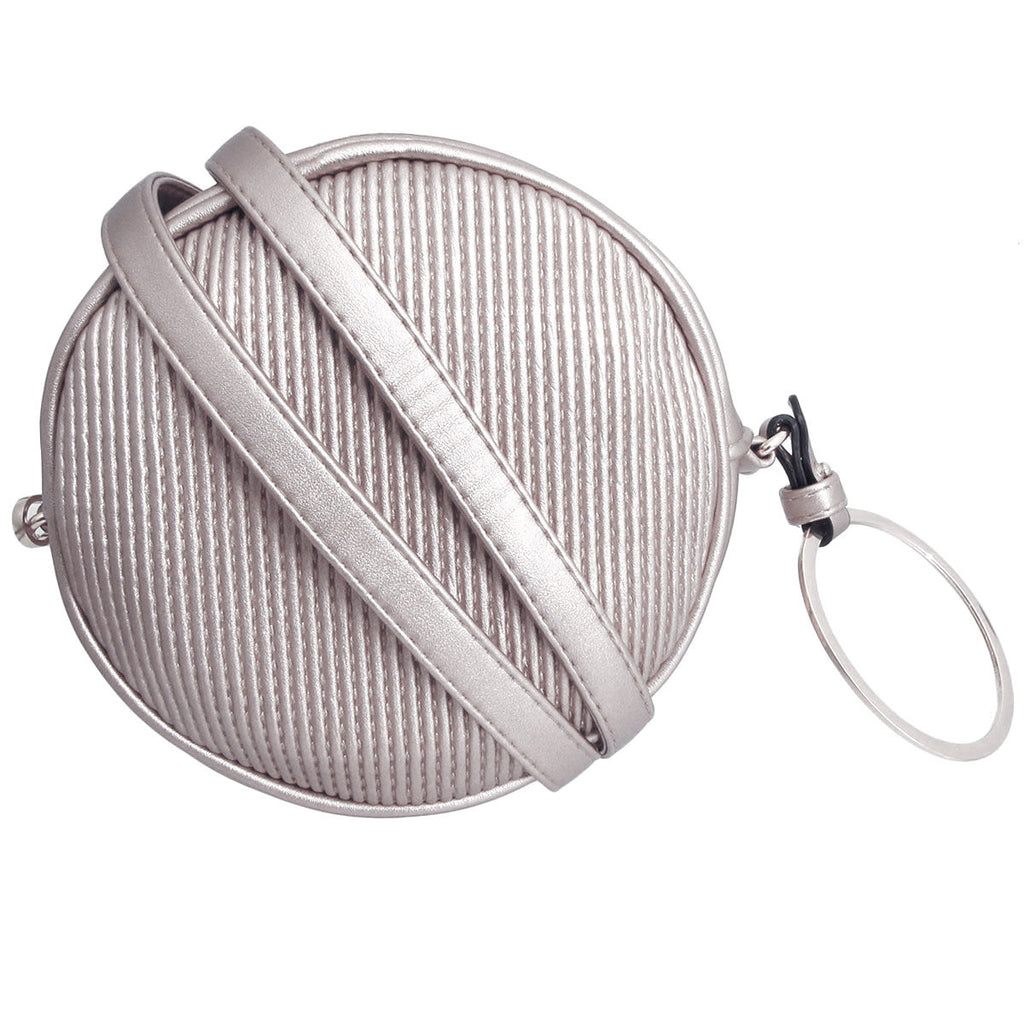 Silver vegan leather ribbed circle crossbody wristlet with gold metal circle detailing, zipper closure, and detachable matching shoulder strap